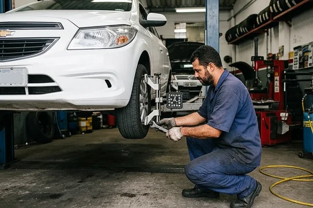 Profissional ajustando o alinhamento de rodas de um carro em uma borracharia.