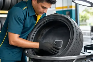 Profissional consertando um pneu em uma borracharia.