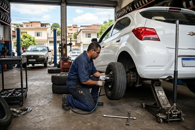 Profissional fazendo rodízio de pneus em um carro na borracharia.