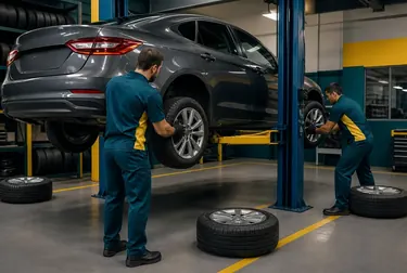 Profissional fazendo rodízio de pneus em um carro.