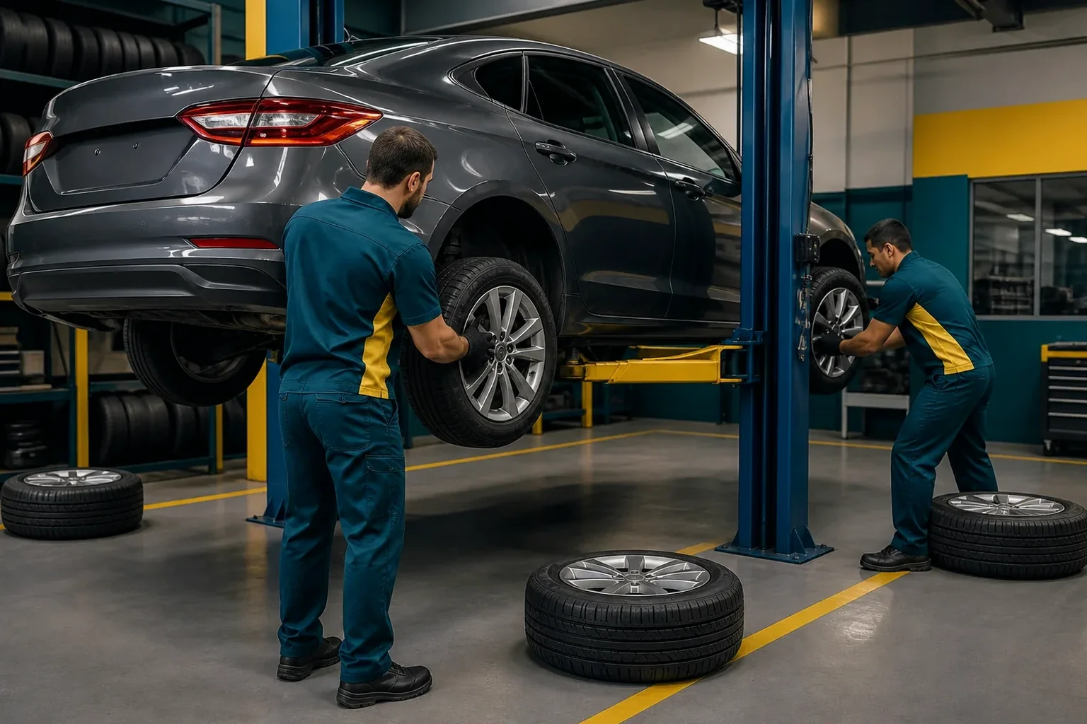 Profissional fazendo rodízio de pneus em um carro.