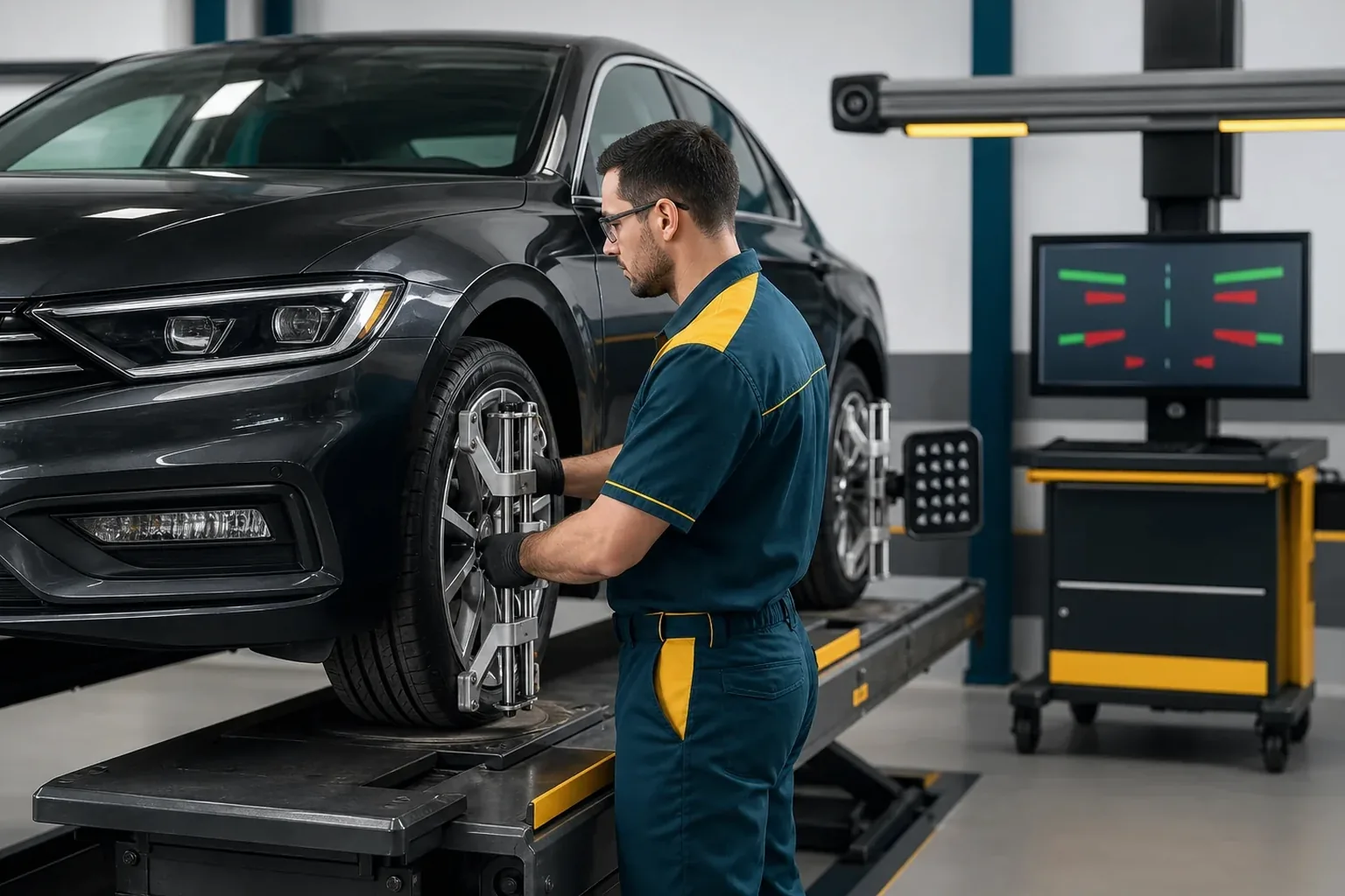 Técnico ajustando o alinhamento de rodas de um carro.