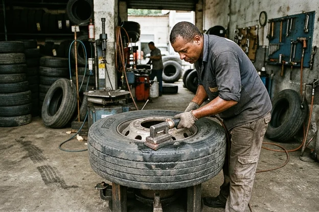 Técnico aplicando vulcanização em um pneu na borracharia.