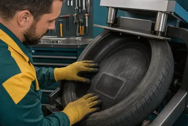 Técnico aplicando vulcanização em um pneu.