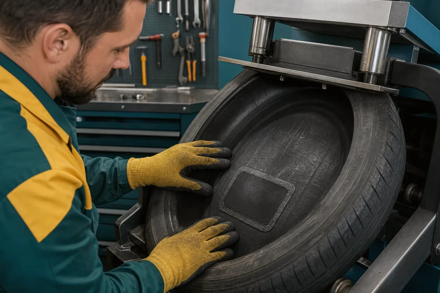 Técnico aplicando vulcanização em um pneu.