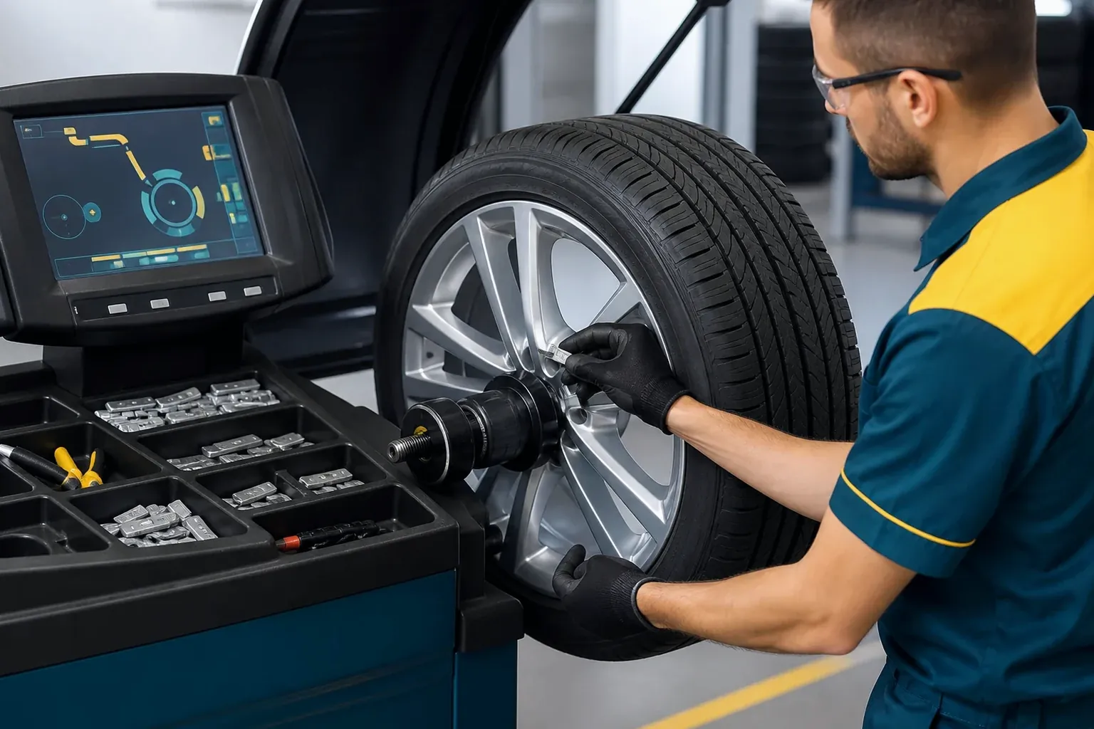 Técnico realizando balanceamento de rodas em uma borracharia.